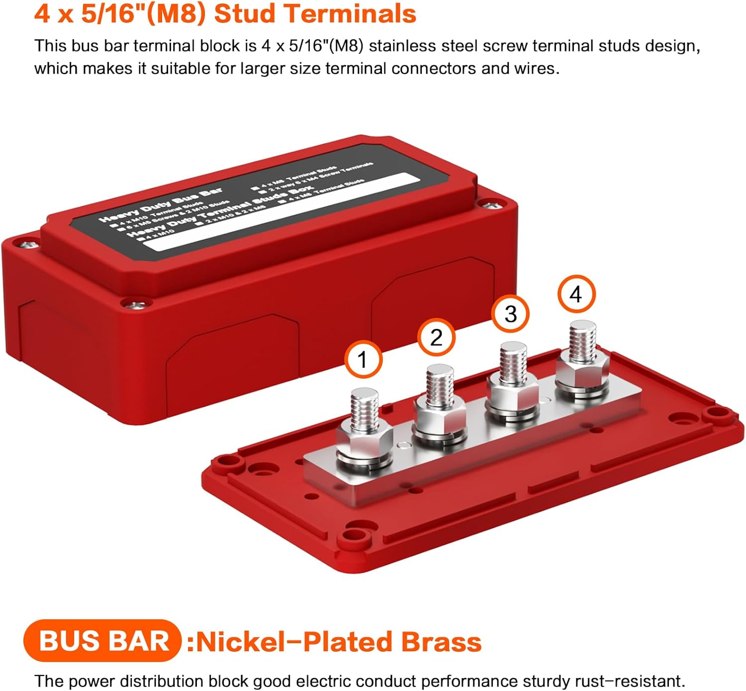 300A Bus Bar Box Heavy Duty Module Design Nickel Plated Brass Buss Battery Power Distribution 4Xm8(5/16") Stainless Steel Terminal Studs Marine Ground DC12 24 48V（Red） image number 5