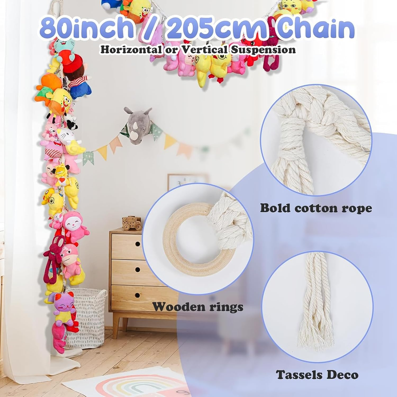 80 Inches Cotton Hanging Storage Chain for Stuffed Animals & Plush Toys, Space Saving Toy Organizer with 20 Metal Clips, Kids Room Decor image number 2