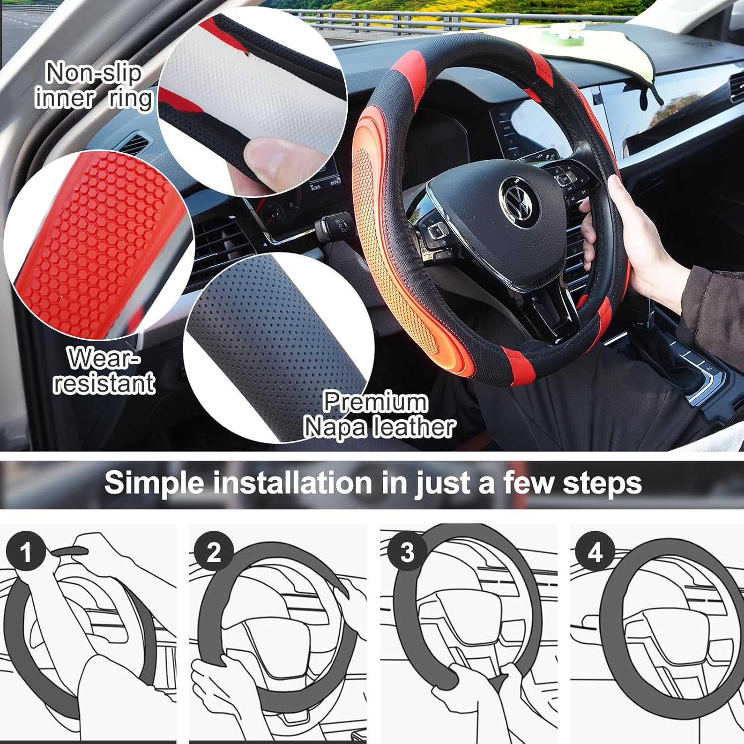 Nappa Leather Car Steering Wheel Cover, anti Slip, Thin, Breathable, Odor-Free, Universal 14.5-15 Inches Fit, Car Steering Wheel Cover Full Surround Aeecssories (Red-Microfiber Leather) image number 2