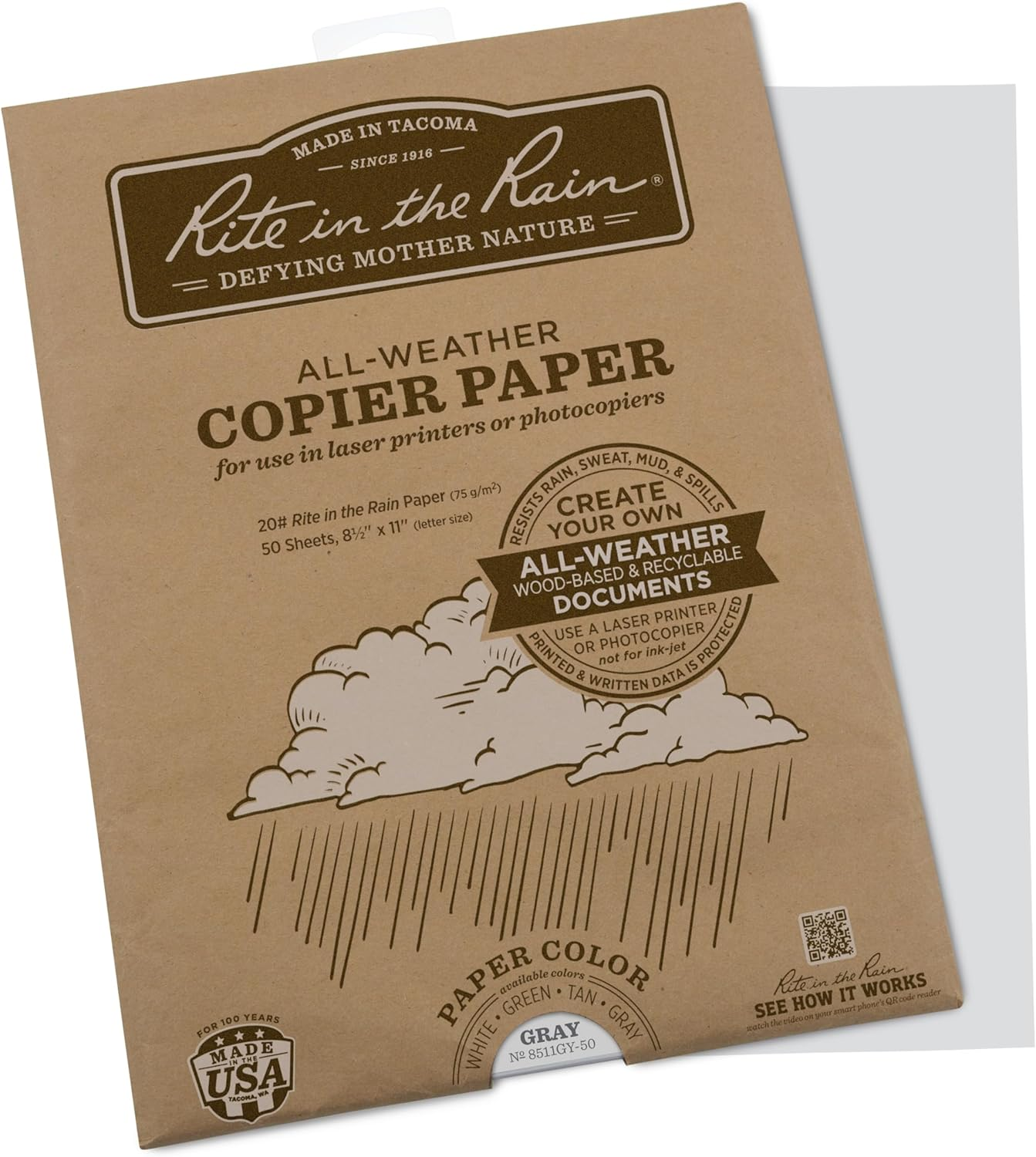 Rite in the Rain Weatherproof Laser Printer Paper, 8.5" X 11", 20# Gray Colored Printer Paper, 50 Sheet Pack (No. 8511GY-50)