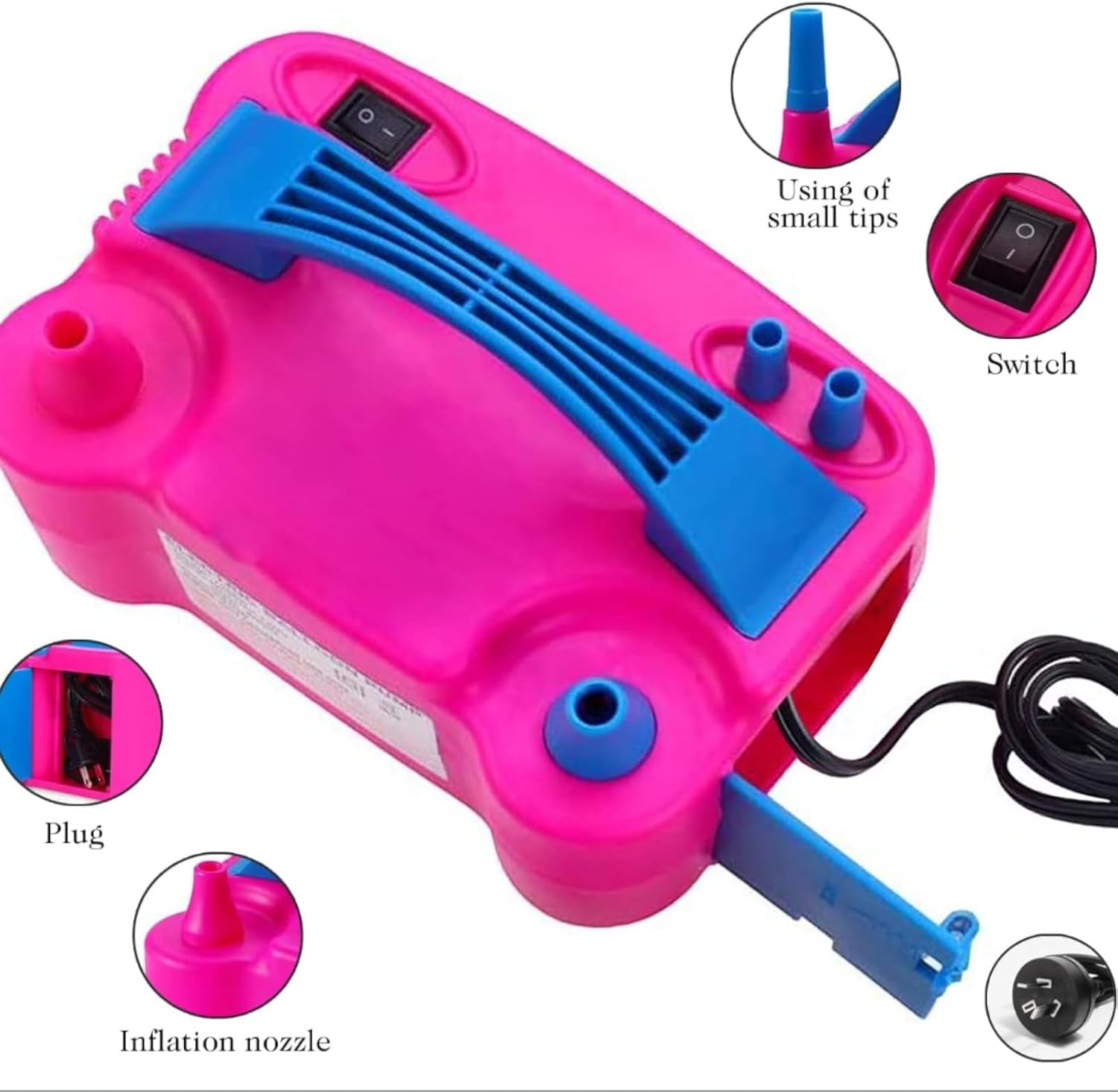 Electric Air Balloon Pump，Portable Dual Nozzle Electric Balloon Blower Air，Pump Balloons Inflator for Decoration, Party, Sports，Rose Red 220V-240V 600W image number 4