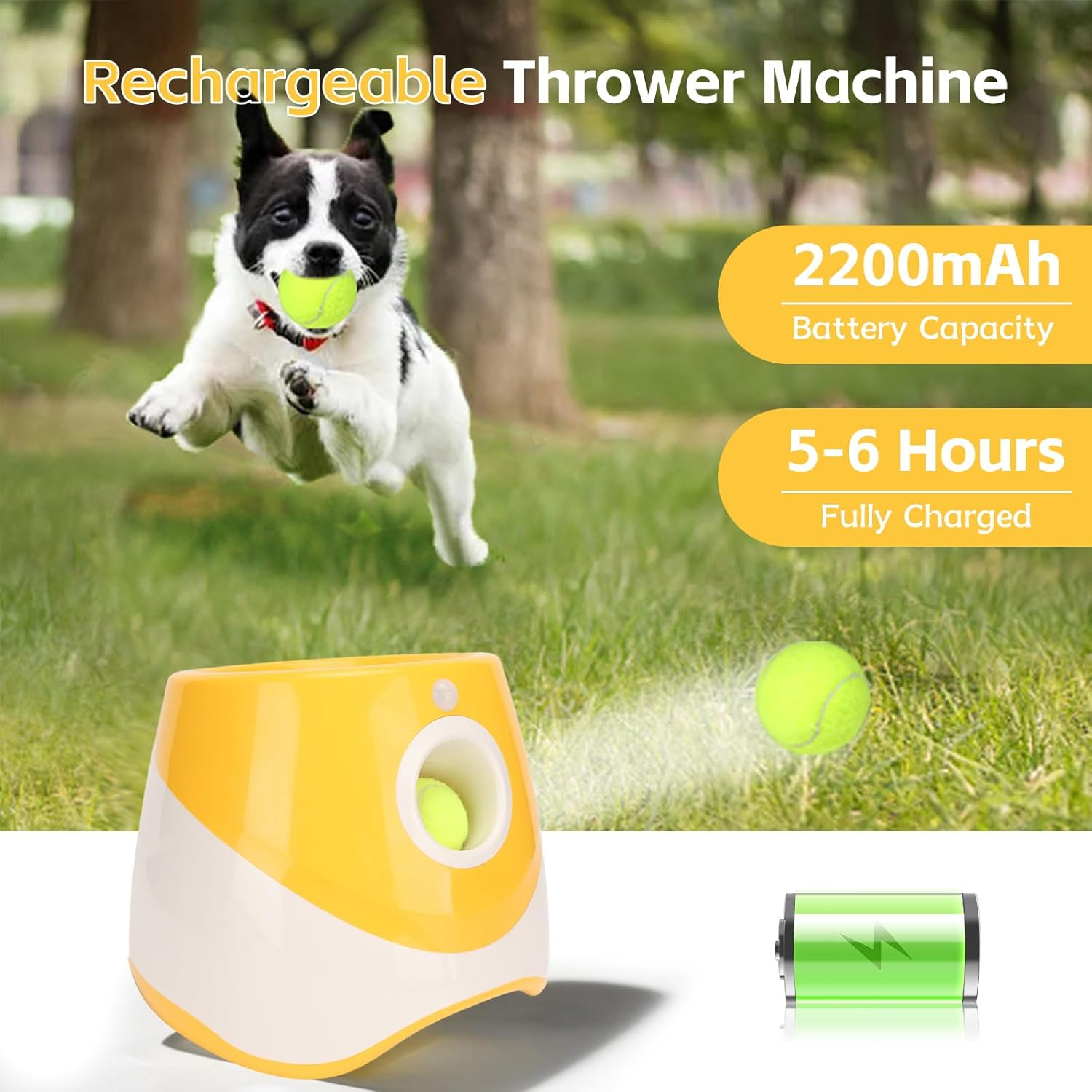 Dog Ball Thrower, Rechargeable Dog Ball Launcher, 3 Modes Interactive Thrower for Indoor & Outdoor, Suitable for Small & Medium Dogs, Yellow (3 Tennis Balls Included) image number 2