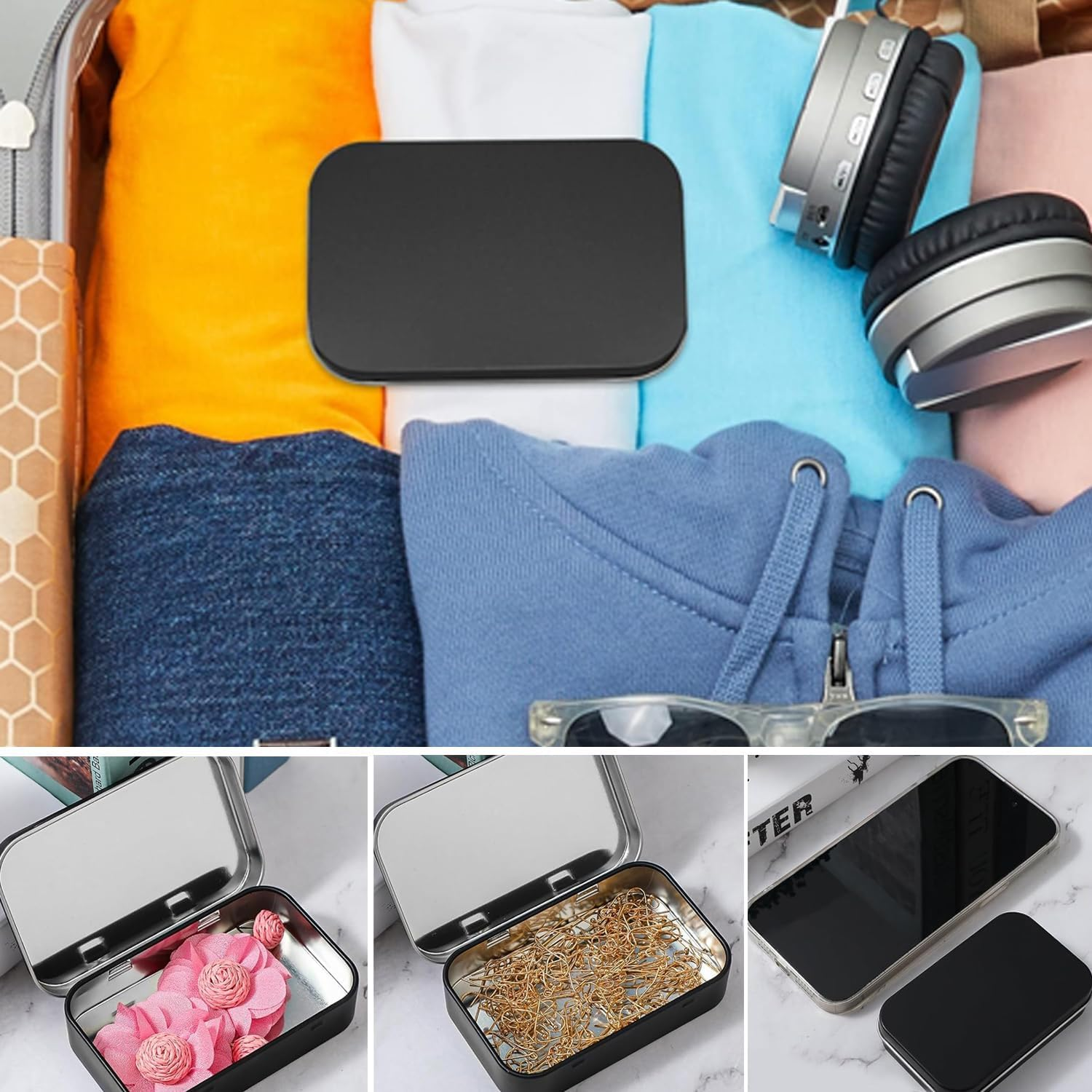 Vikrami 3-Pack Tin Box Candy Key Earrings Coin Metal Storage Boxes (Black) image number 6