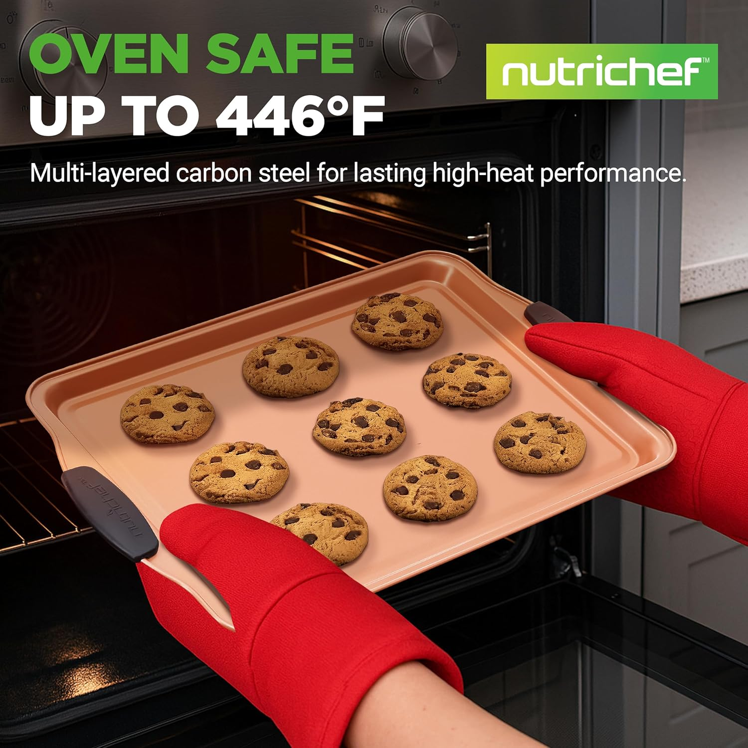 Nutrichef 3 Piece Baking Pan Set - PFOA, PFOS, PTFE Free Flexible Nonstick Carbon Steel Bakeware Set - Home Kitchen Bake Pan Cookie Sheet Stackable Baking Tray Set W/Black Silicone Handles image number 1