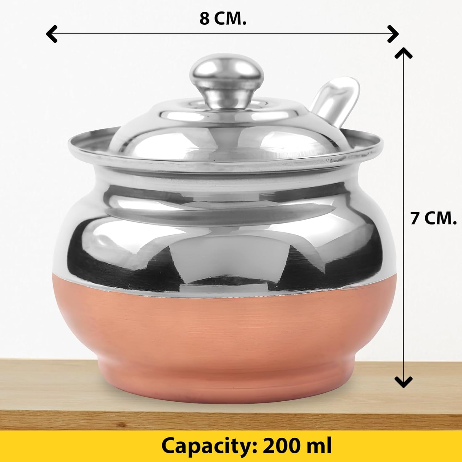 Copper Coated Stainless Steel Ghee Pot with Spoon | Ghee Container for Kitchen | Premium Oil Container with Lid for Pooja Items, 200 ML image number 1