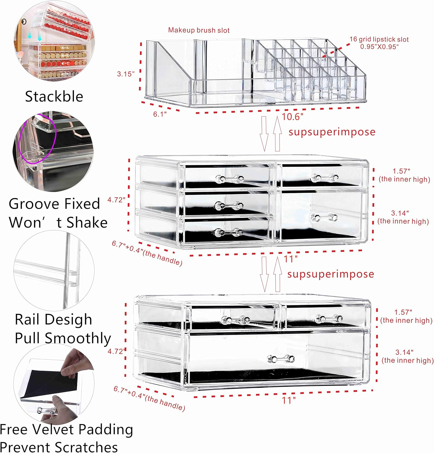 Cq Acrylic 3 Pack Clear Make up Organizer Countertop,Stackable 8 Drawers Makeup Storage,Cute Vanity Organizers for Dresser Hair Clip,Jewelry,Beauty Product Desk and Bathroom Organizers and Storage