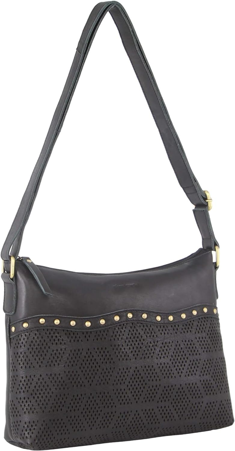Pierre Cardin Womens Leather Perforated Cross-Body Bag with Stud Detailing - Black image number 1