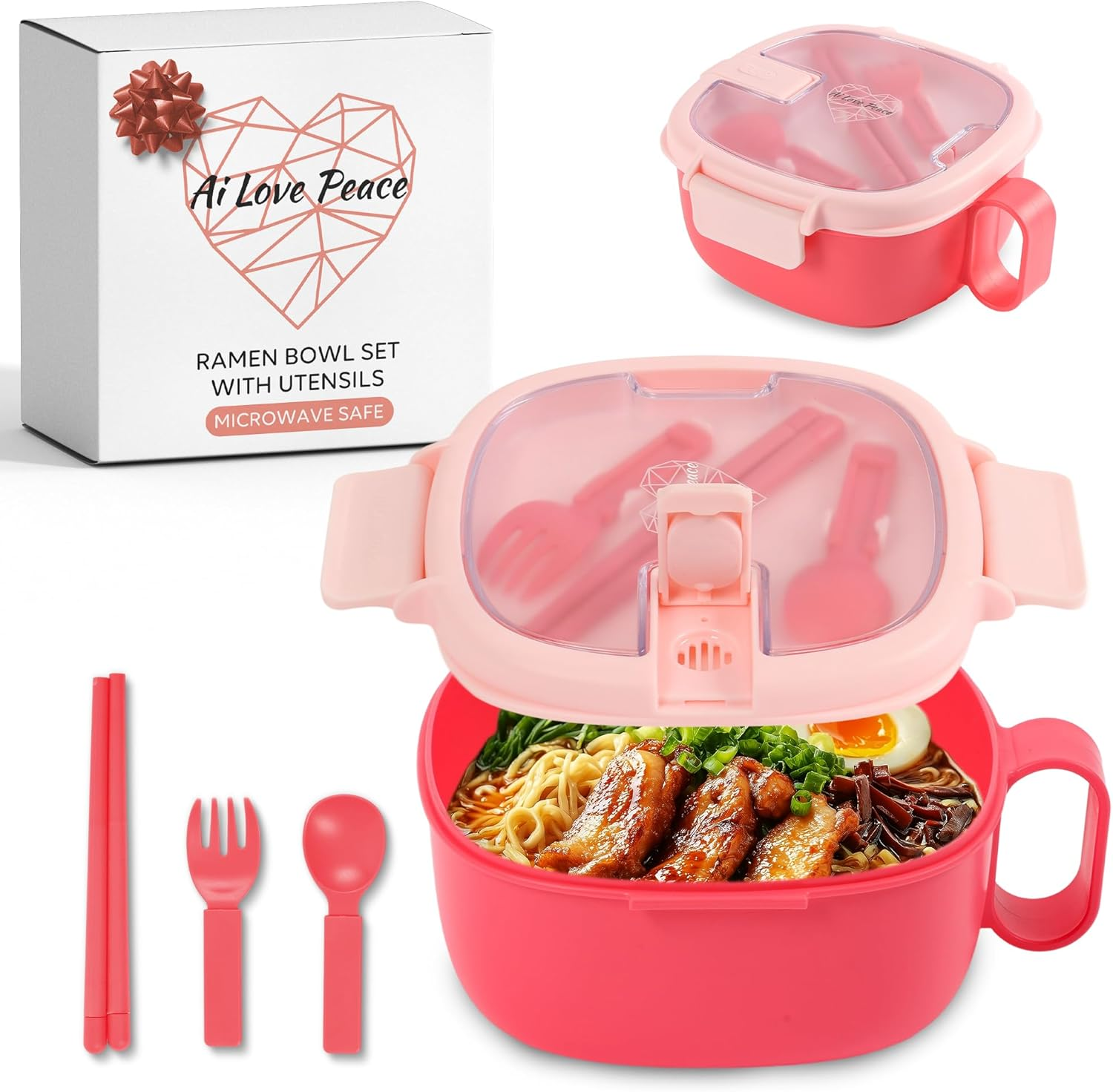 Ai Love Peace Ramen Bowl, 40 Oz Microwaveable Noodle Cooker for Ramen, Pho, Soup, and Pasta, Dishwasher Safe and Portable, Ideal for Home, Office, Dorm, or Gift (Purple)