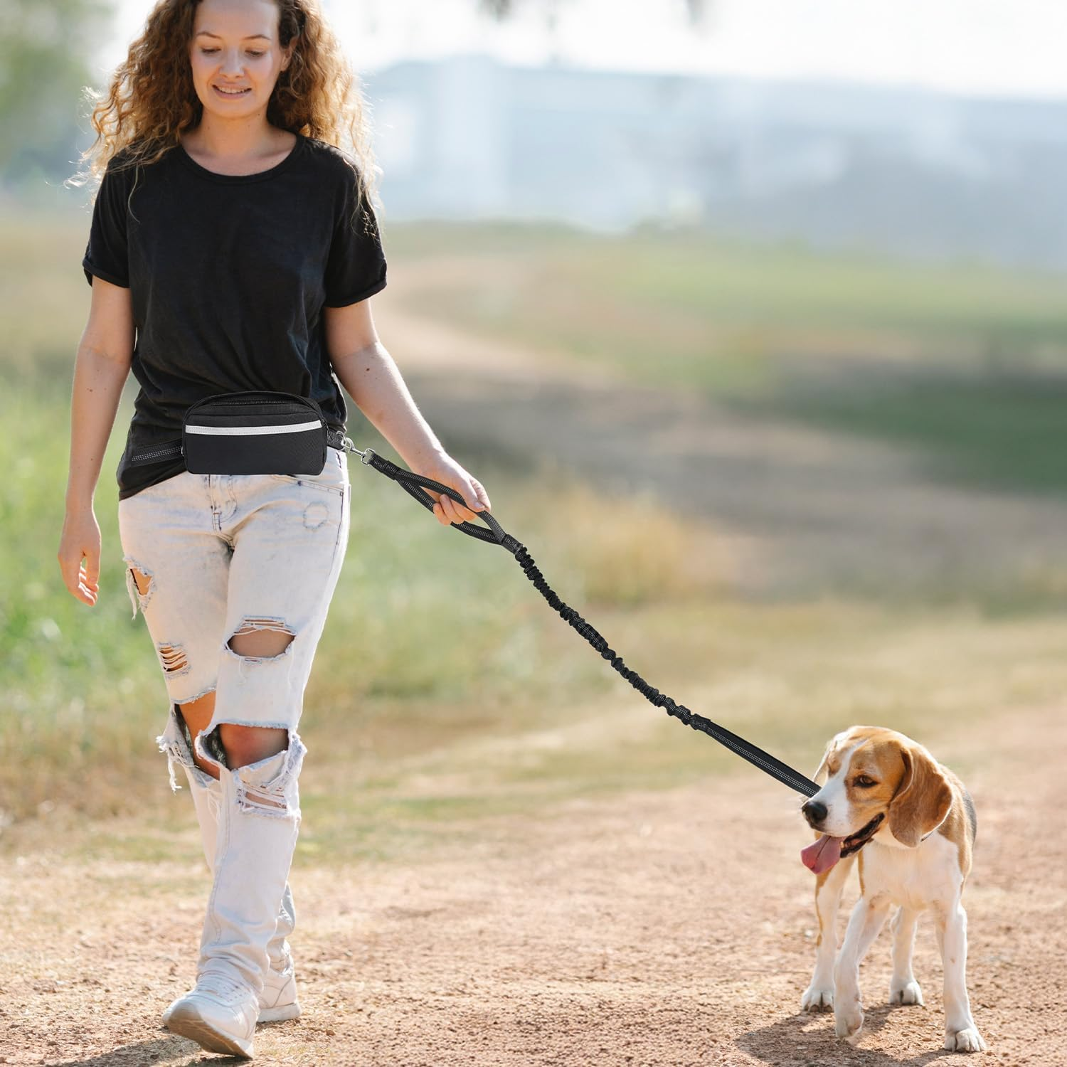 Hands Free Dog Running Leash with Zipper Pouch, Adjustable Waist Belt for Medium/Large Dogs, Dual-Handle Reflective Bungee, Secure Design for Running, Walking, Hiking, Black image number 1