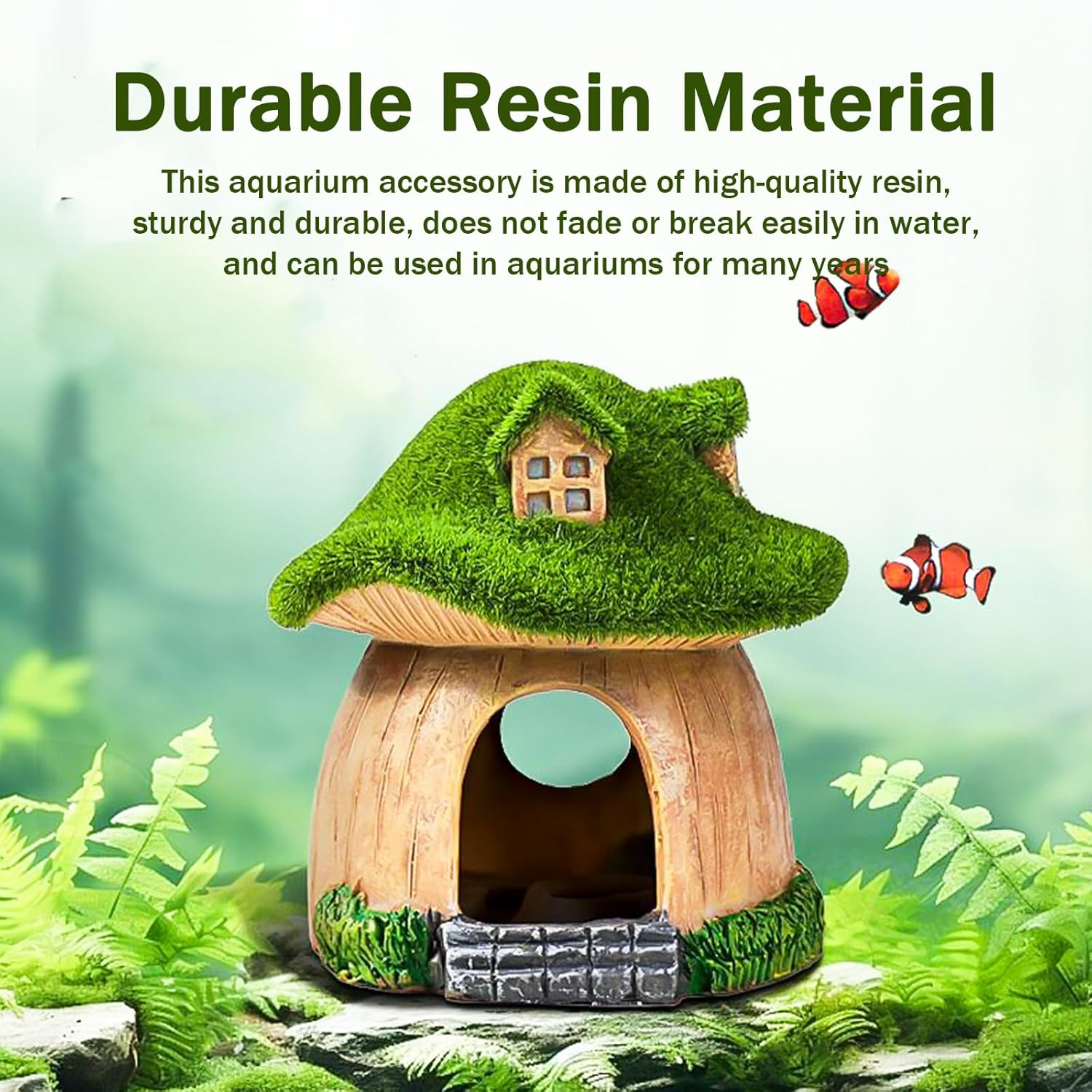Fish House for Aquarium,Resin Fish Tank Decoration,Mushroom House Fish Cave Shrimp Hideout Shelter with Lifelike Moss,Reptiles Fish and Shrimp Shelter Landscape Cave Decor image number 1