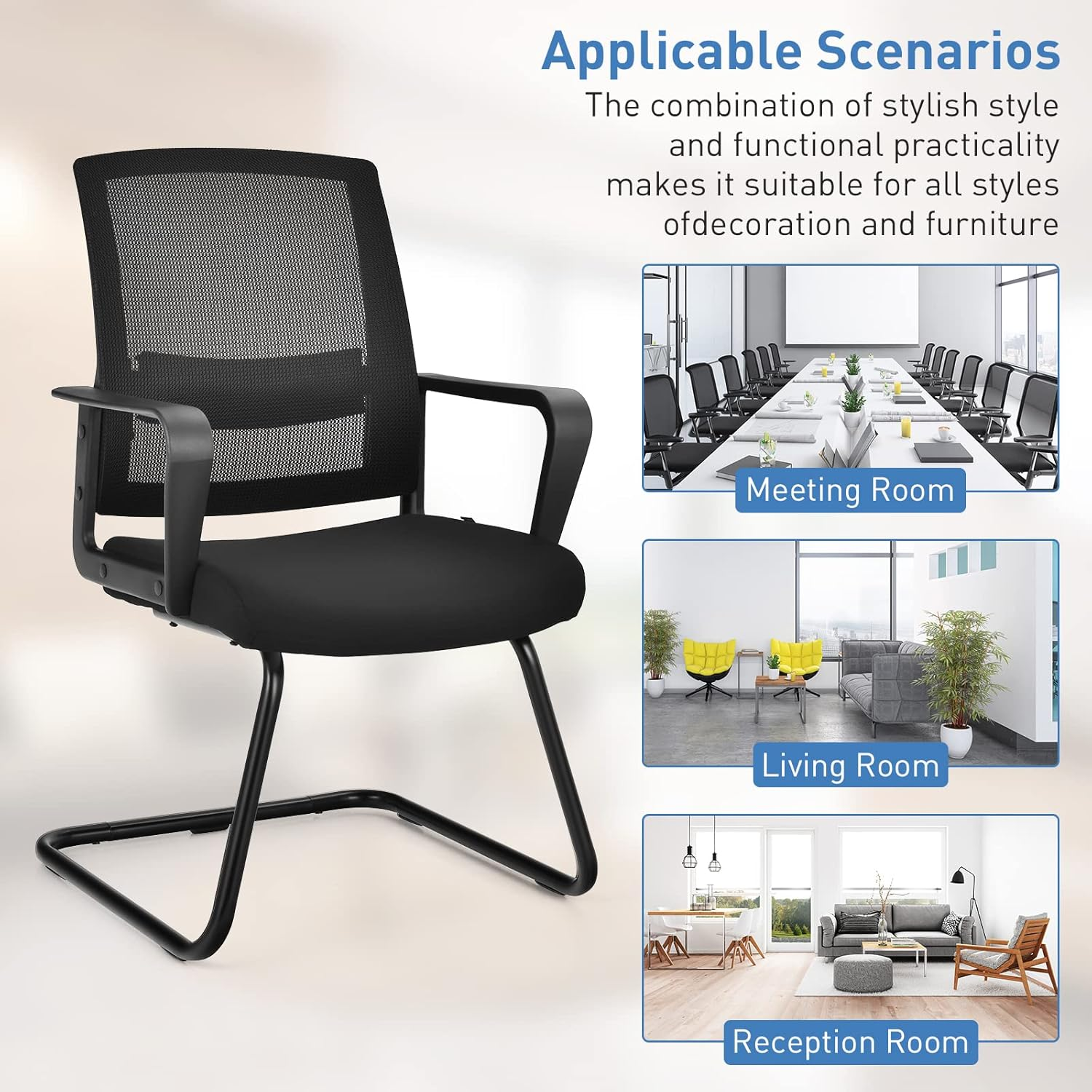 Costway Set of 2 Conference Chair, Office Guest Chair W/Heavy-Duty Sled Shaped Base, Ergonomic Mid-Back Mesh Chair W/Upholstered Seat & Adjustable Lumbar Support for Waiting Room, Reception (4)