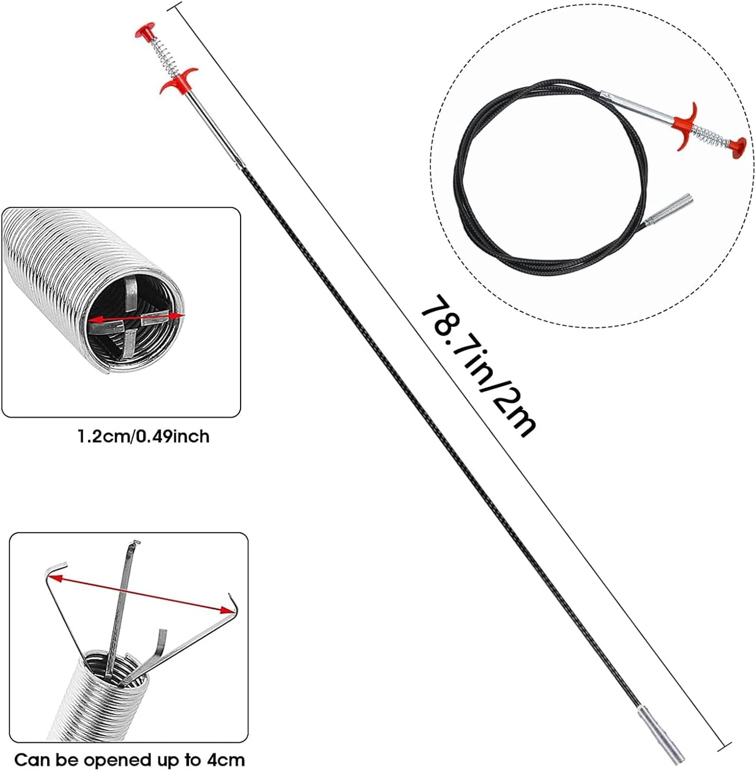 79 Inch Drain Snake Grabber Pick up Reacher Tool，Sink Snake for Sewer Kitchen Sink Bathroom Tub Toilet Clogged Drains Relief Cleaning Tool, Toilet Snake Drain Clog Remover image number 3