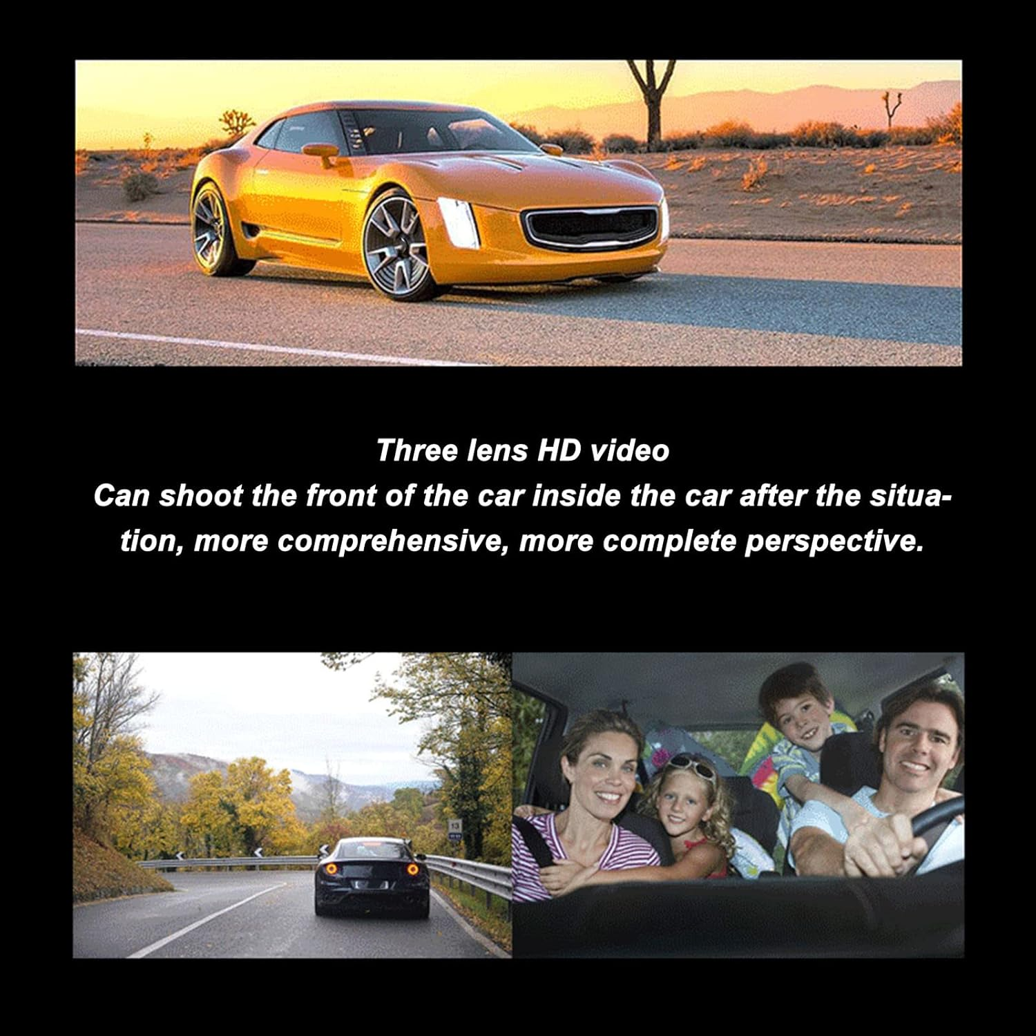 3 Channel Dash Cam Front and Rear Inside, 2In LCD Screen Full HD Dash Cam, 170 Degree Angle Three Lens Car Camera, Night Vision, Automatic Switch, Loop Recording, Motion Detection image number 2