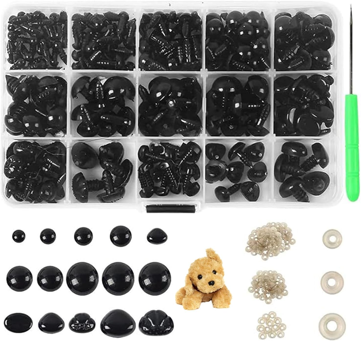 566 Handmade Doll Eye and Nose Accessory Set:Includes 300 Reinforcement Pads,180 Pairs of Safety Eyes,86 Noses for Teddy Bears,Plush Dolls and DIY Crochet Kits (Black) image number 3