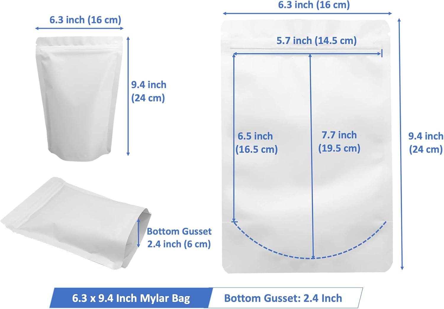 100 Pack Matte White Mylar Stand up Bags - 6.3X9.4 Inches Resealable Smell Proof Packaging Zipper Pouch, Heat Sealable Foil Sample Pouches for Food Storage image number 1
