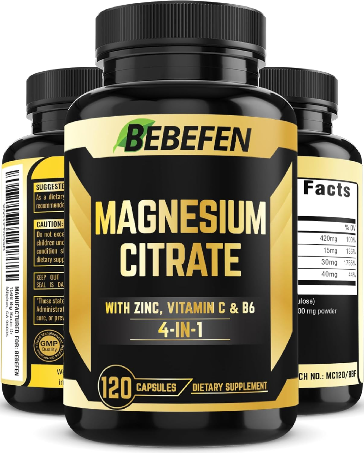 Magnesium Citrate with Zinc, Vitamin C, Vitamin B6-120 Capsules for 4 Month Supply image number 3
