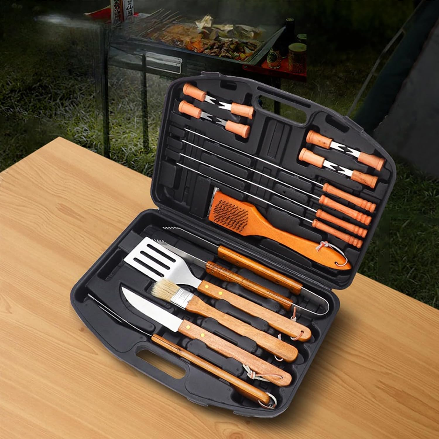 19 Piece Wooden Grill Tool Set, BBQ Accessories & Grill Tools, Durable Stainless-Steel Utensils with Recycled Plastic Case, Spatula, Tongs, Cleaning Brush & More, Grilling Gifts for Men image number 6