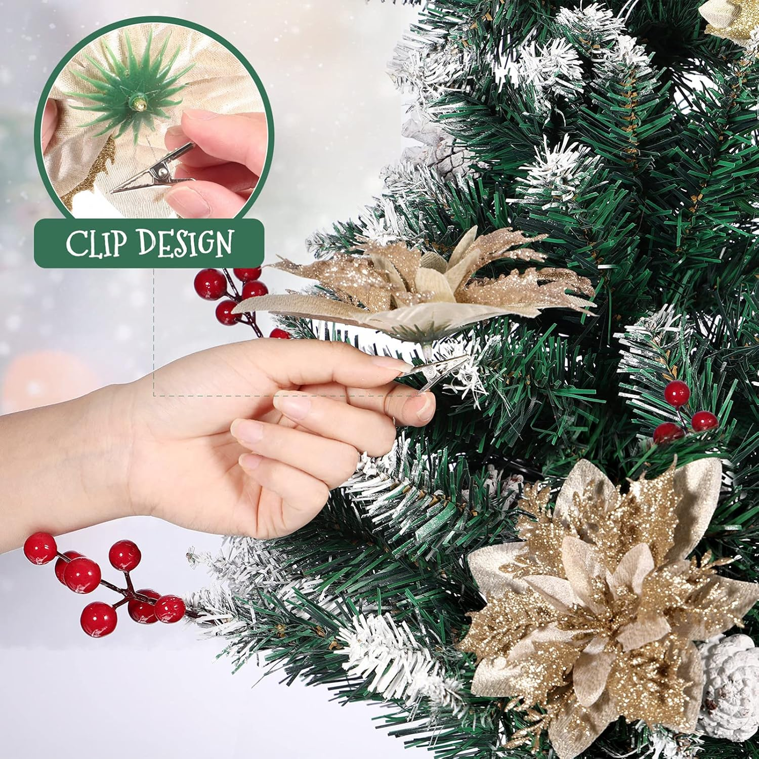 Kisangel 12Pcs Christmas Tree Picks, Artificial Poinsettia Glitter Flowers with Stems and Clips, Xmas Tree Flowers for Wedding Party Ornaments, Gold - Champagne Gold image number 3