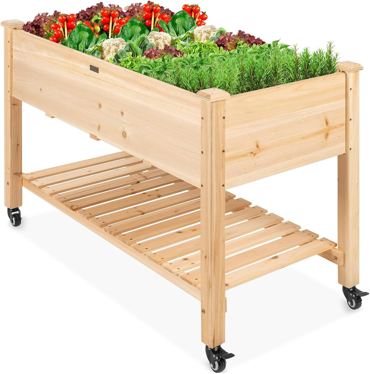 Natural Raised Garden Bed with Wheels, Mobile Elevated Wood Planter Box for Outdoor Patio, Deck, Balcony, Backyard, 120 * 59 * 80CM image number 5