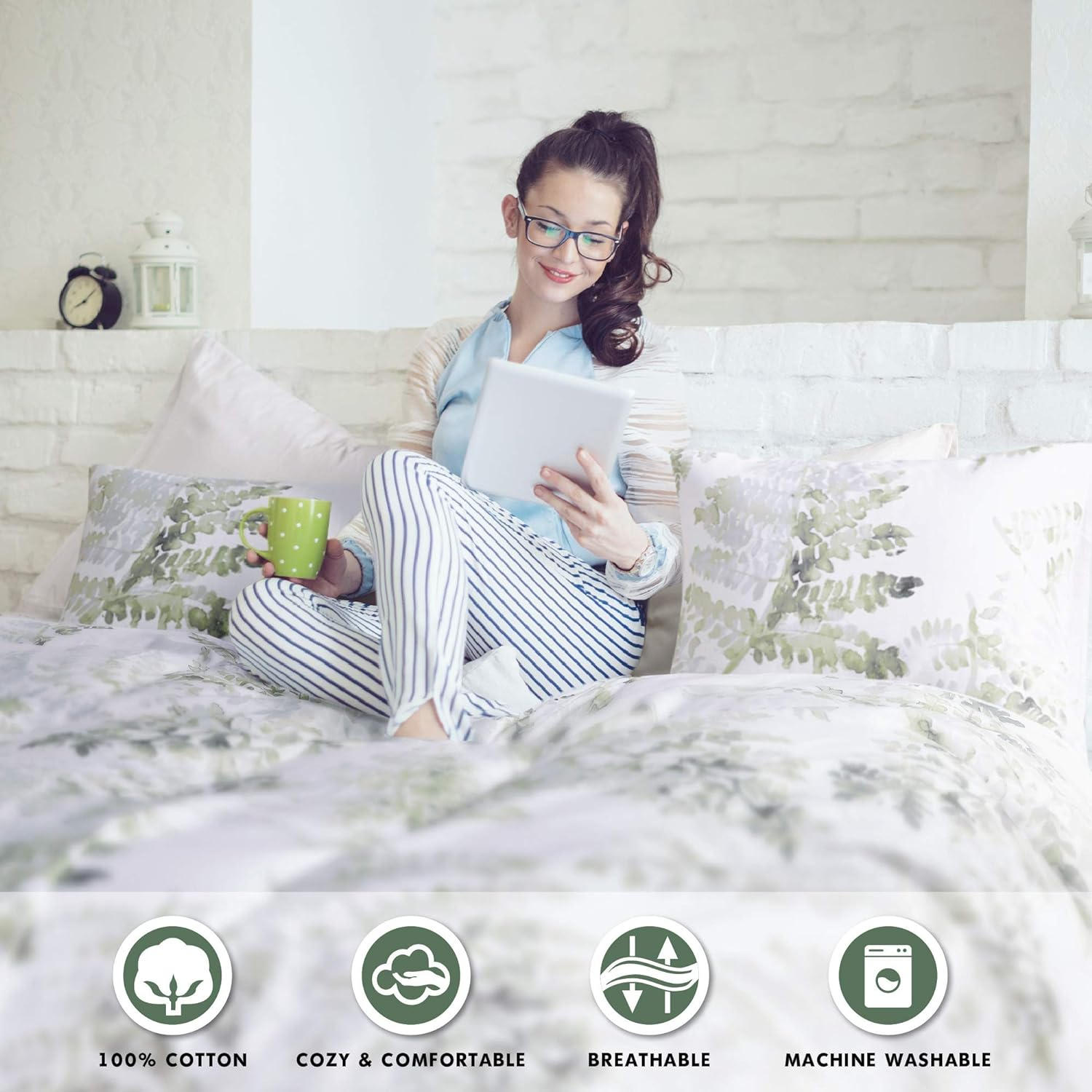 Intelligent Design Reversible 100% Cotton Sateen Duvet-Breathable Comforter Cover,Modern All Season Bedding Set with Sham(Insert Excluded),Judith,Palm Leaf Greenfull/Queen(90"X90") image number 1