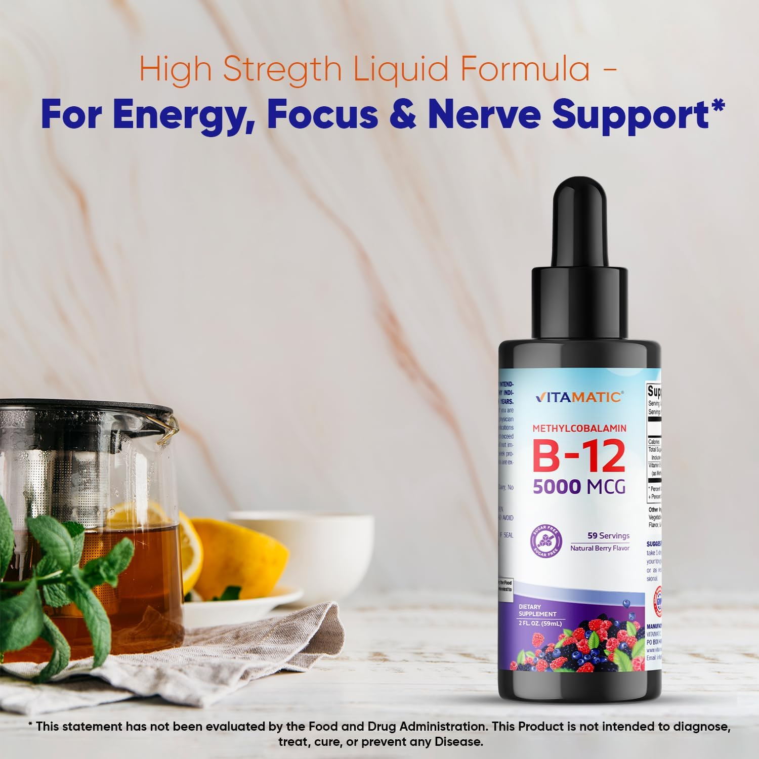 Vitamatic Fast Acting Liquid Vitamin B12 5000 Mcg (Methylcobalamin) - Natural Berry Flavor - Sublingual Supplement - Faster Absorption - 2 OZ image number 1