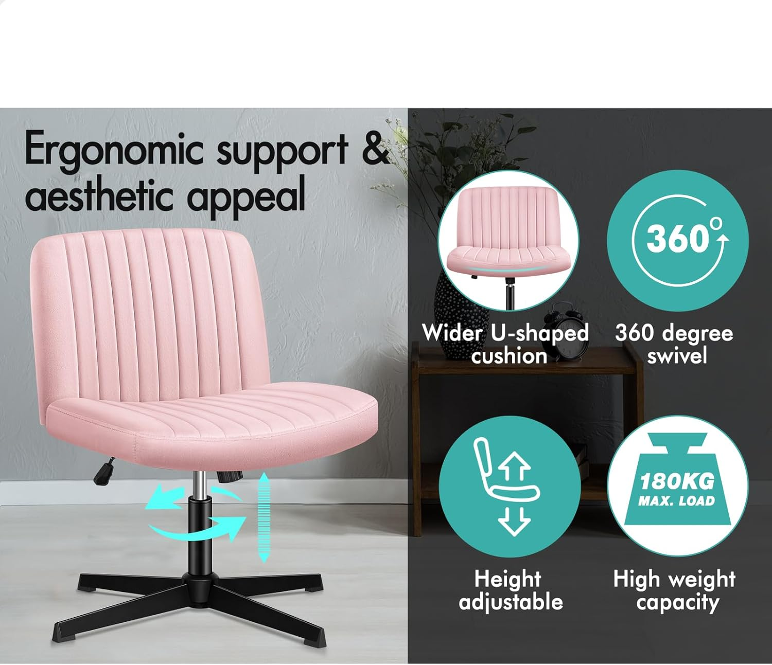 ALFORDSON Armless Criss-Cross Desk Chair with Ottoman Stool, Ergonomic Cross Leg Office Chair with Channel-Tufted Mid-Back Design, Tilt & Height Adjust and Swivel, 180Kg Max, Xavi Velvet Pink image number 3