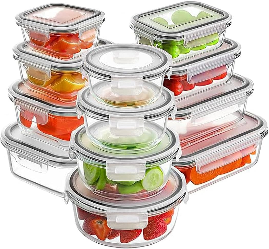 RFAQK Glass Food Storage Containers with Lids 24 Pcs (35Oz-11Oz) Airtight Glass Meal Prep Container for Kitchen Storage & Organisation- Leakproof Lunch Box Safe for Oven,Freezer, Dishwasher