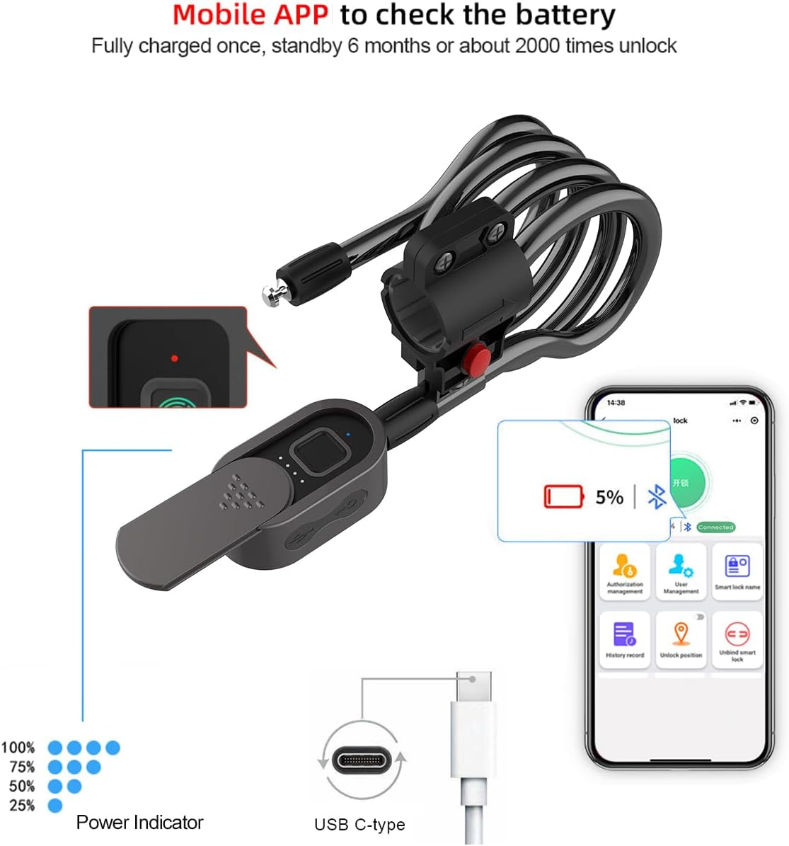 Fingerprint Cable Lock with Key Waterproof Bicycle Lock Elinksmart 150Cm Steel Cable Lock for Bike Scooter Motorcycle Door Fence Gate Phone App and Ios Watch Unlock USB C Charging