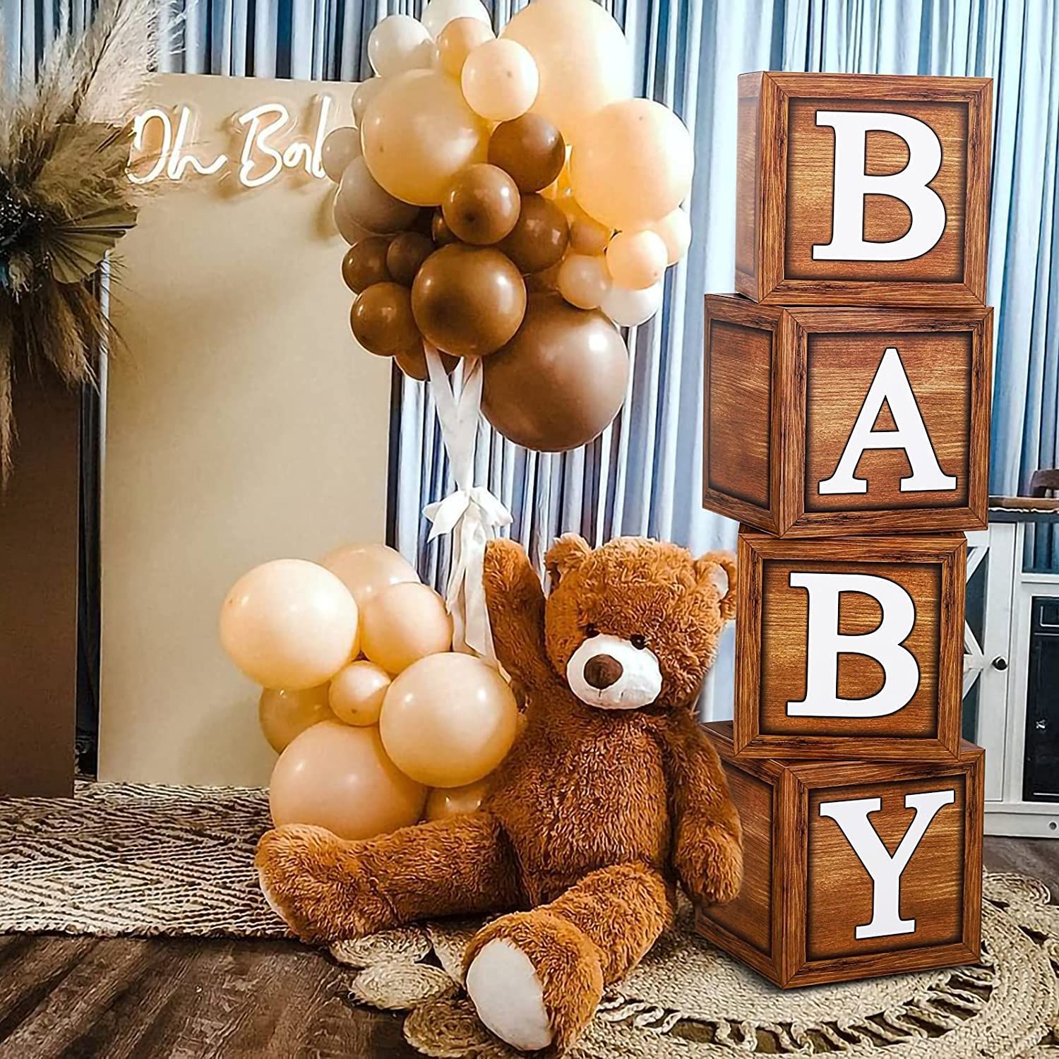 Baby Shower Boxes for Birthday Party Decorations - 4 Wood Grain Brown Blocks with BABY Letter, Printed Letters,First Birthday Centerpiece Decor, Teddy Bear Baby Shower Supplies, Gender Reveal Backdrop