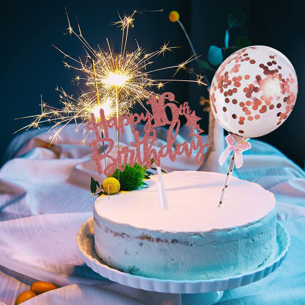 16Th Happy Birthday Cake Topper, Rose Gold Glitter 16Th Birthday Cake Topper with Balloon Cake Topper for Girl Birthday Cake Decorations image number 3