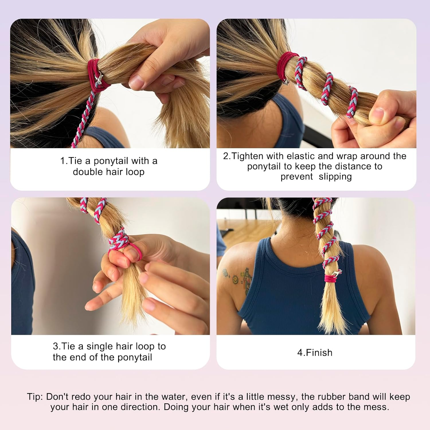 APCGSM 4PCS 25" Hair Ties for Women, Swimming Hair Ties Ponytail Holders Black Sport Elastic Hair Ties No Damage for Thick Hair Ponytail Wrap Hair Tie (4Pcs Black-25") - Black Red-25" image number 5