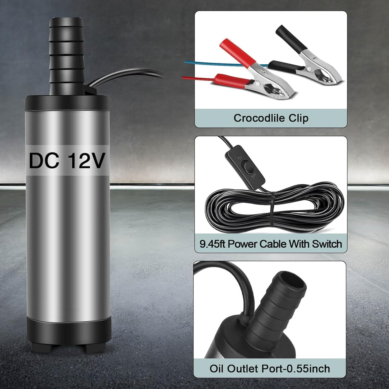 12V Fuel Transfer Pump, Mini Portable Stainless Steel On/Off Switch Oil Diesel Fuel Transfer Water Pump 12V 40Mm image number 2