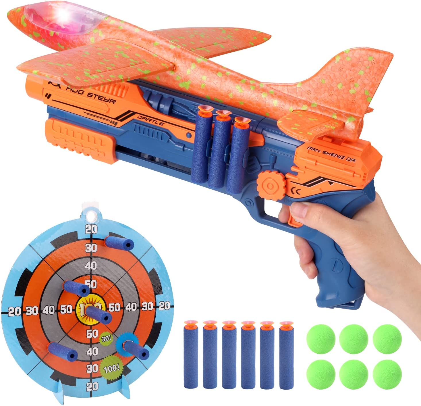 REMOKING 5 in 1 Shooting Game for Kids, LED Light Airplane with Launcher,Gun Toy W/Throwing Foam Plane,6 Foam Balls&Bullets,Outdoor Sport Flying Toys Birthday Gifts for Boys Girls Kids 3-8 Year Old image number 1