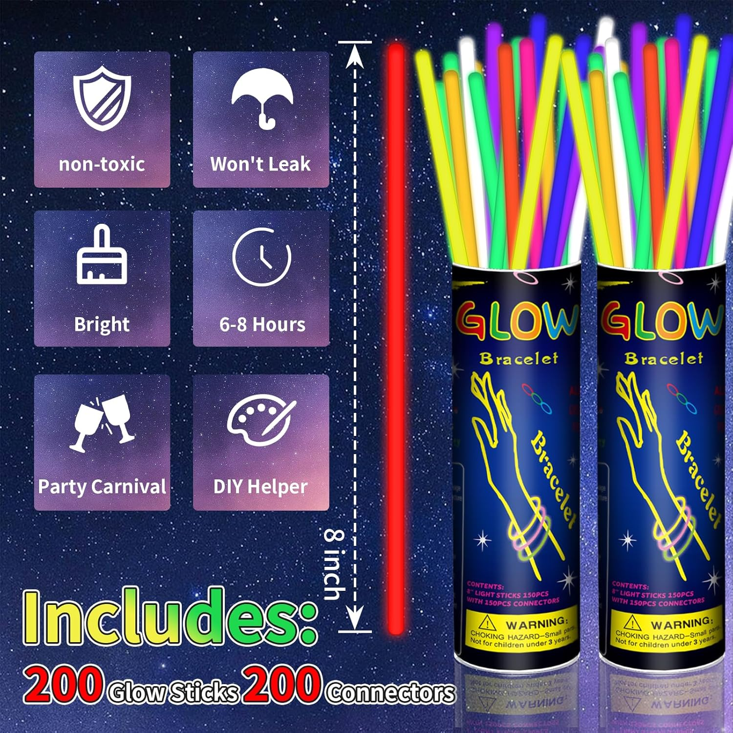 200 Pack 8&rdquo; Glow Sticks Bracelet Bulk Glow Sticks with 200 Connectors Neon Glow in the Dark Party Supplies for Christmas Holiday Decoration Party Carnival (Colorful) image number 4