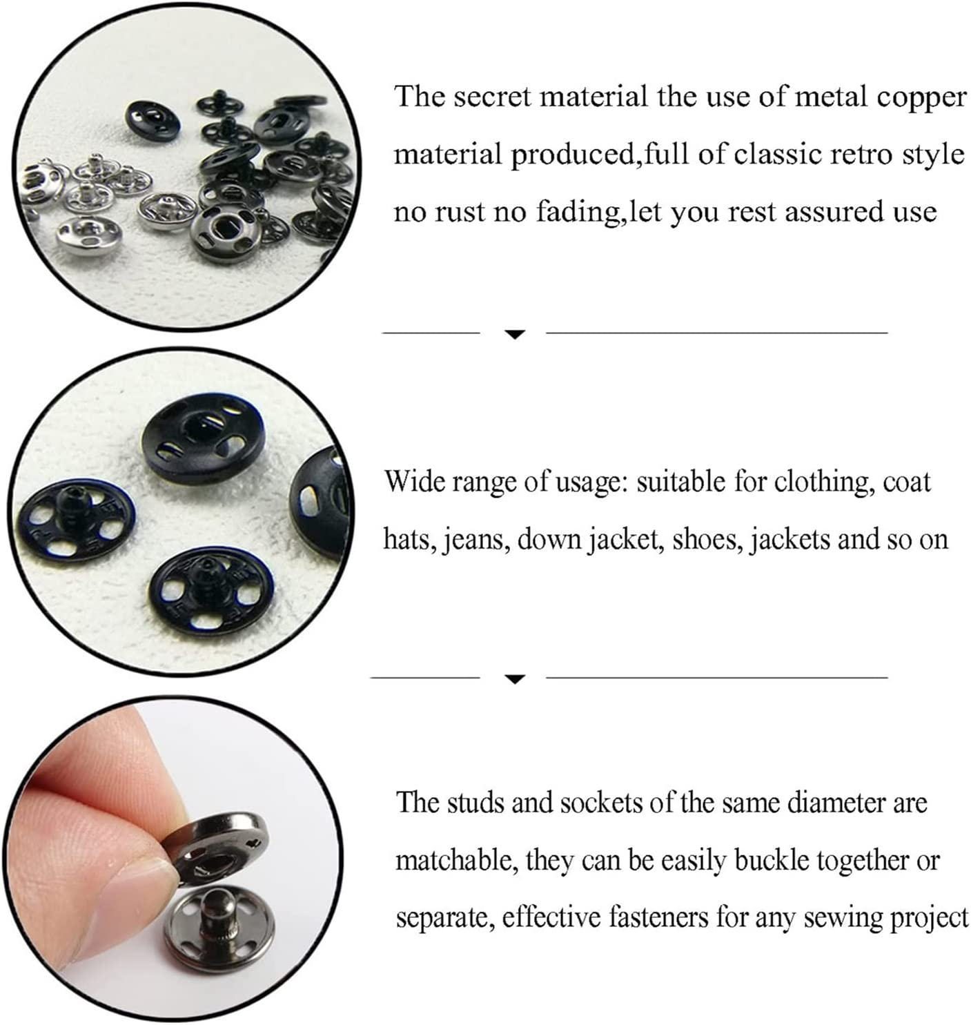 120 Sets Sew-On Snap Buttons, 8 Mm & 10 Mm Metal Snaps Fasteners Spring Press Studs Buttons for Sewing Clothing, Black & Silver