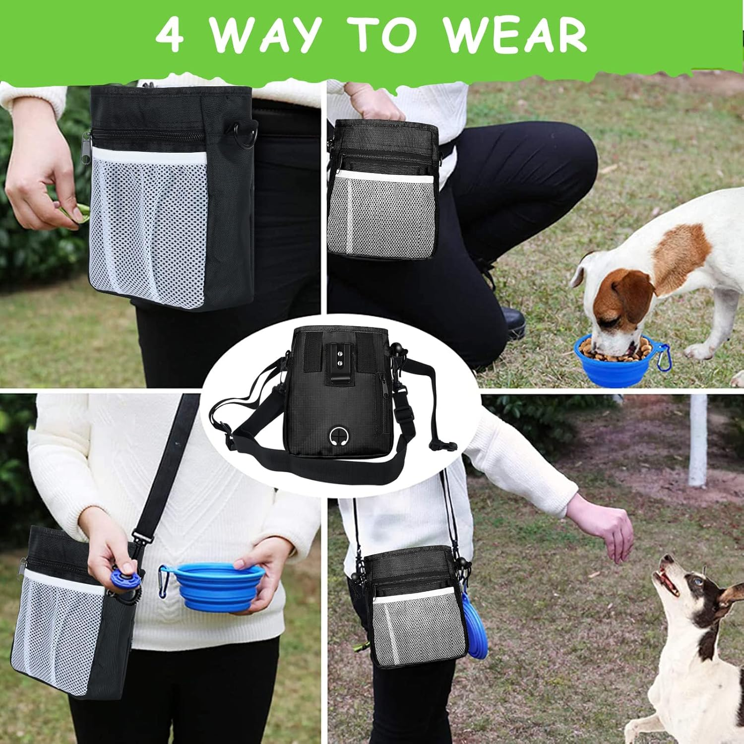 Dog Treat Pouch - 3 Ways to Wear Treat Pouches for Pet Training and 2 Pieces Clicker Taining for Dogs, Dog Training Treat Pouch Bag and Dog Clicker for Training with Waist Belt Shoulder Strap image number 4