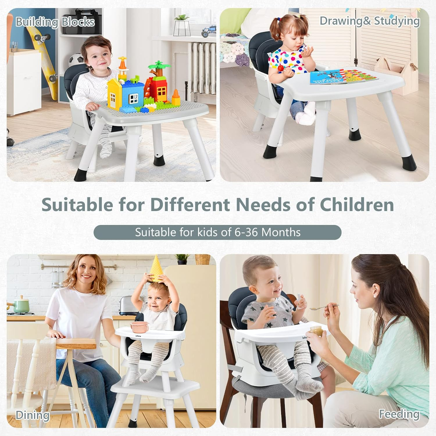 INFANS 8 in 1 Baby High Chair, Convertible Highchair for Babies and Toddlers, Infant Dining Booster Seat, Building Block Table, Kids Stool Table Chair Set with Removable Tray (Black) image number 2