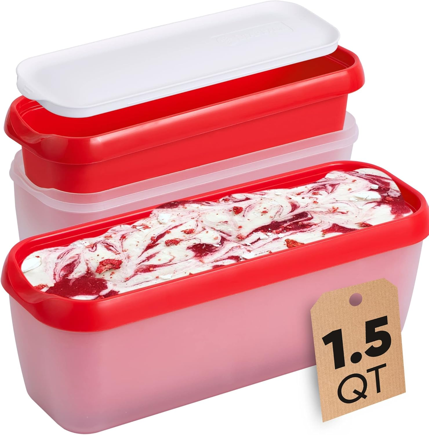 2 Pack Ice Cream Containers with Lids, 1.5 Quarts Reusable Homemade Long Ice Cream Tubs, Freezer Storage Container Perfect for Sorbet, Frozen Yogurt and Gelato, Red