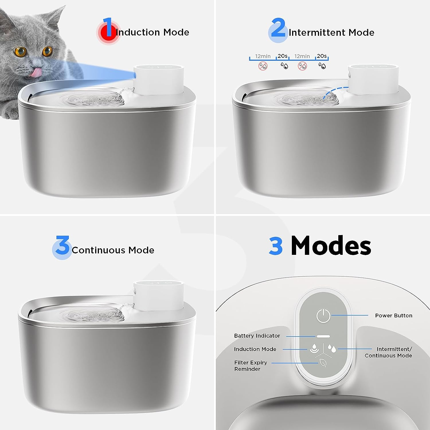 Advwin Cat Water Fountain Battery Operated, Automatic 4L Stainless Steel Pet Water Fountain for Cats Dogs with Motion Sensor, Wireless Ultra Quiet Cat Drinking Fountain image number 4