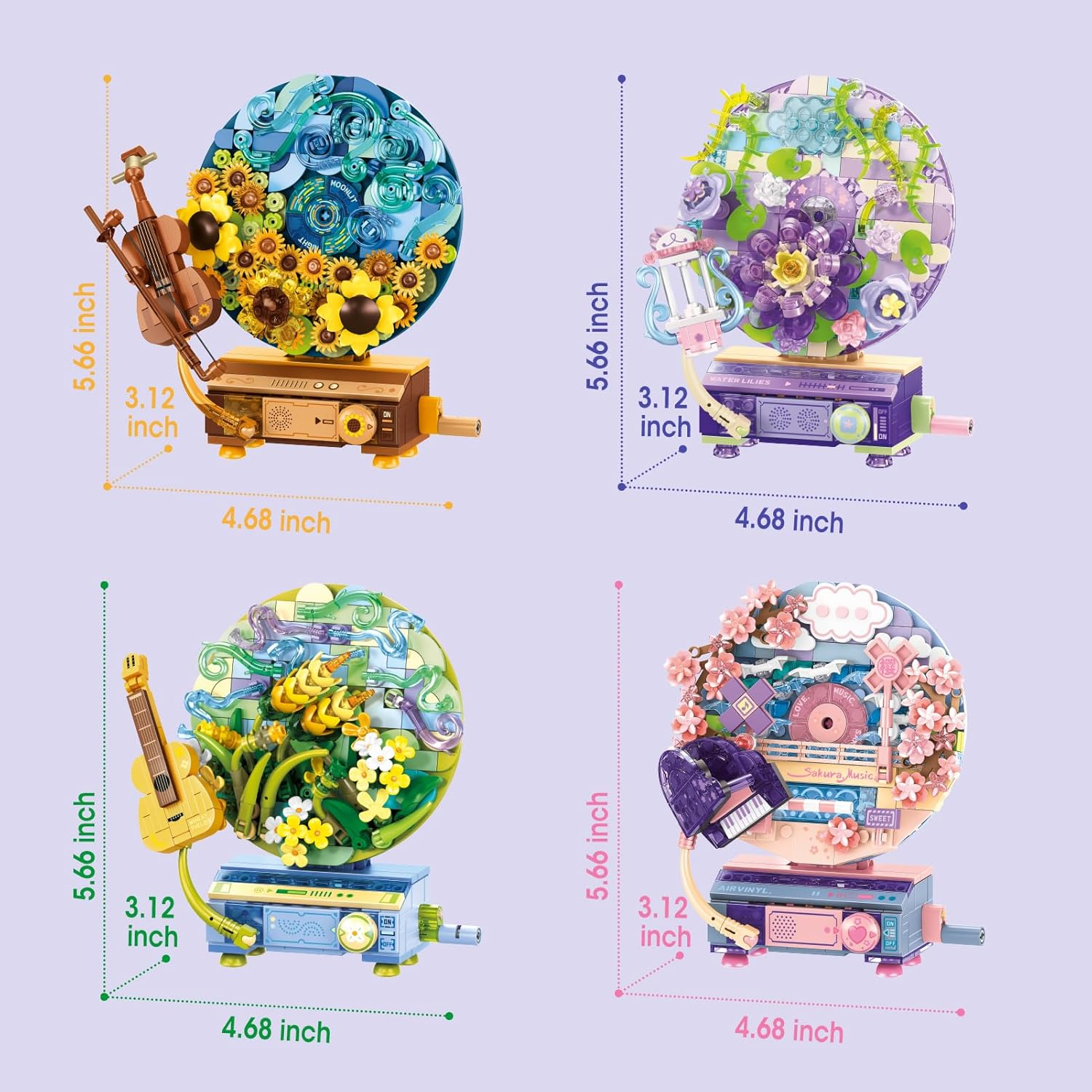 Music Box Botanical Collection Building Block Set,Artificial Flowers Record Player,Water Lilies,Best Gift on Chrismas,Valentine'S Day,Diy Stem Toy for Boys & Girls 6+(367 Pcs) image number 1