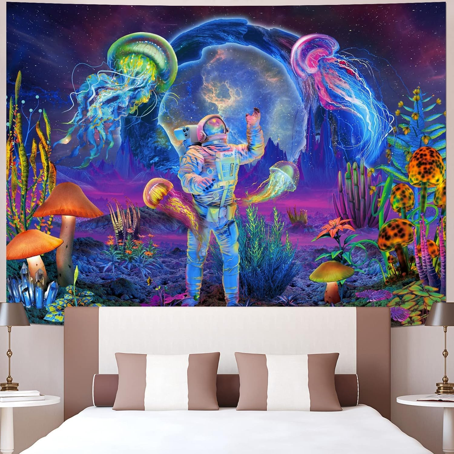 Black-Light Astronaut Jellyfish Tapestry, Trippy Mushroom Tapestry, UV Reactive Fantasy Plants Wall Hanging, Psychedelic Neon Galaxy Space Tapestry (M) image number 2