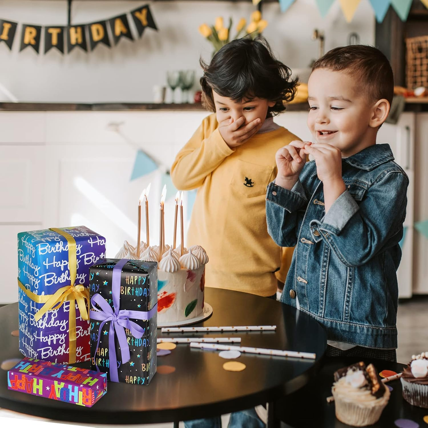 Bigqin 6PCS Kids Birthday Wrapping Paper Recycled 70 * 50Cm Happy Birthday Gift Wrapping Paper for Boys Girls Women Men Birthday Celebration, with Ribbons Stickers and Tape image number 6