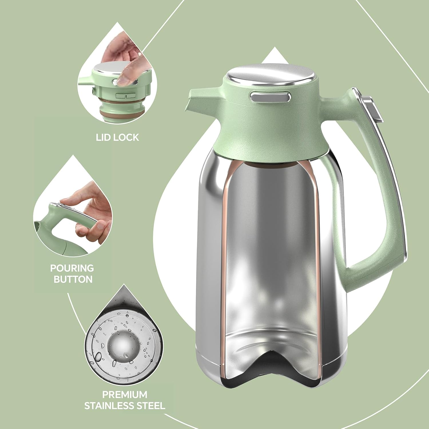 IDEUS Thermal Coffee Carafe 68Oz (2,000Ml), Stainless Steel Double Wall Insulated Vacuum Flask, Water Jug Coffee Server and Beverage Dispenser, Heat and Cold Retention (Avocado, 68Oz (2,000Ml)) - Celadon image number 4