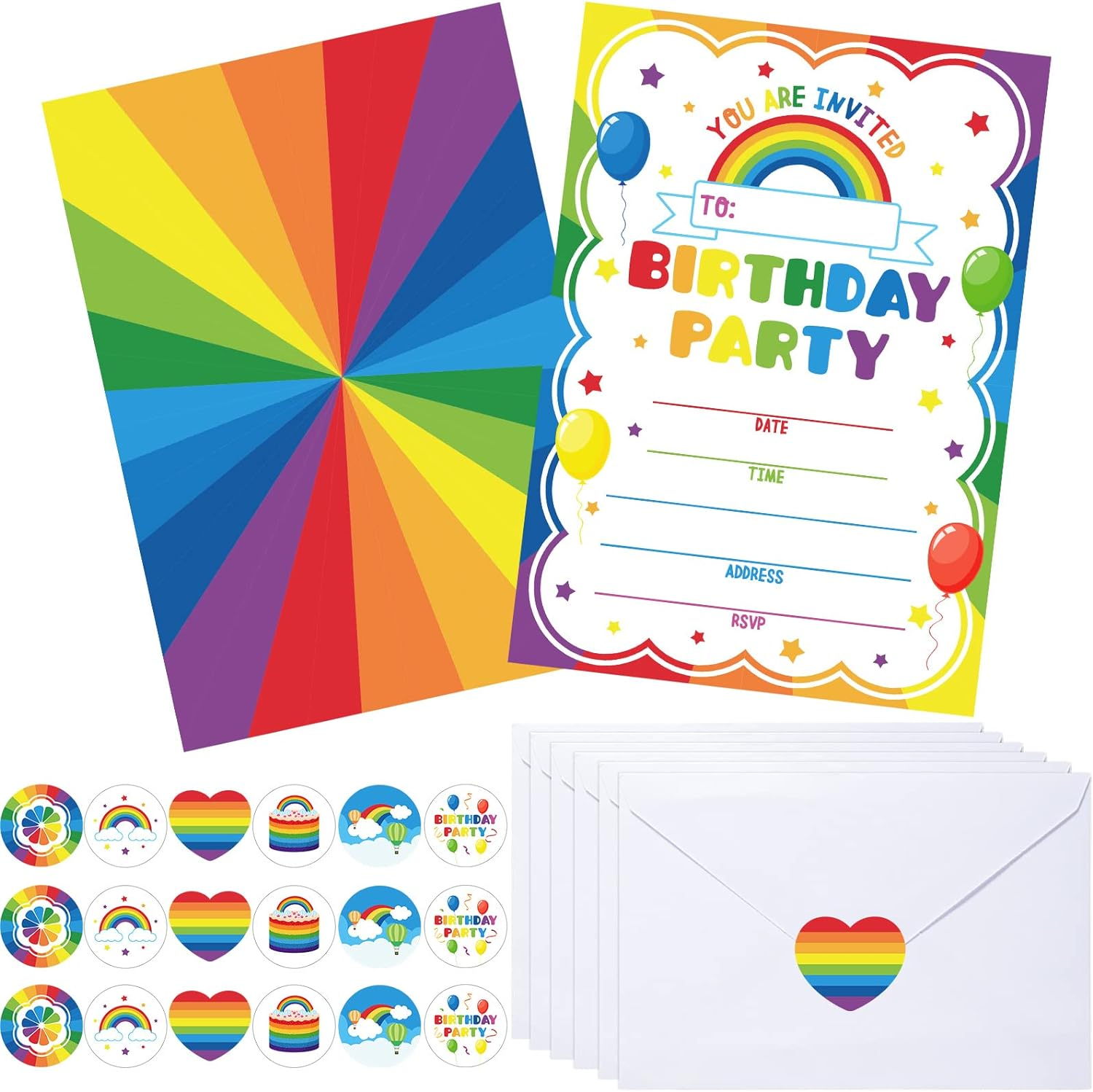 30 Pack Rainbow Birthday Party Invitations for Boys Girls Kids Birthday Invitations with 30 White Envelopes and 30 Seal Stickers Labels Rainbow Party Decorations Supplies Cards image number 1