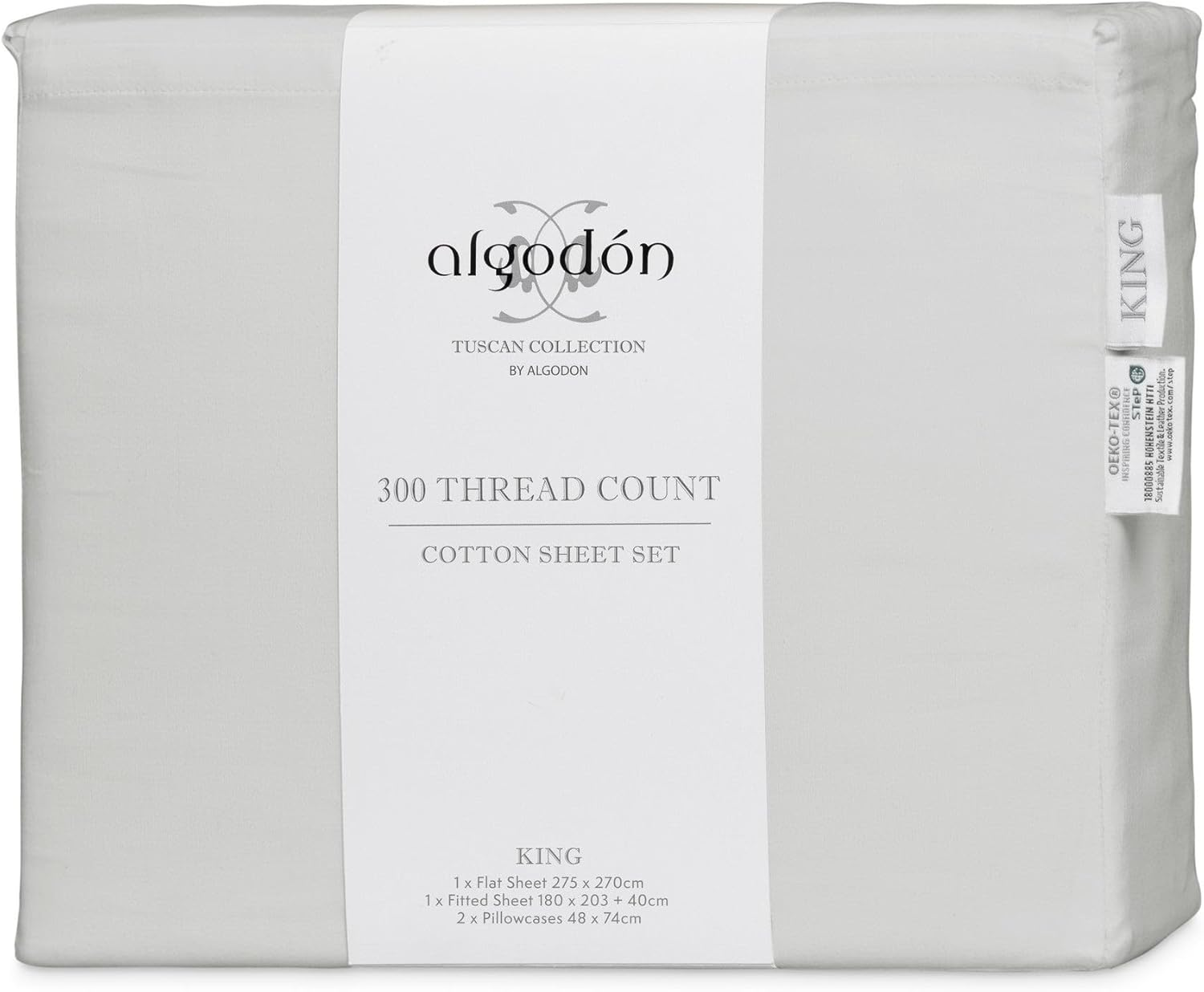 Algodon 300TC Cotton Bed Sheet Set with Pillowcases, Silver, King image number 4