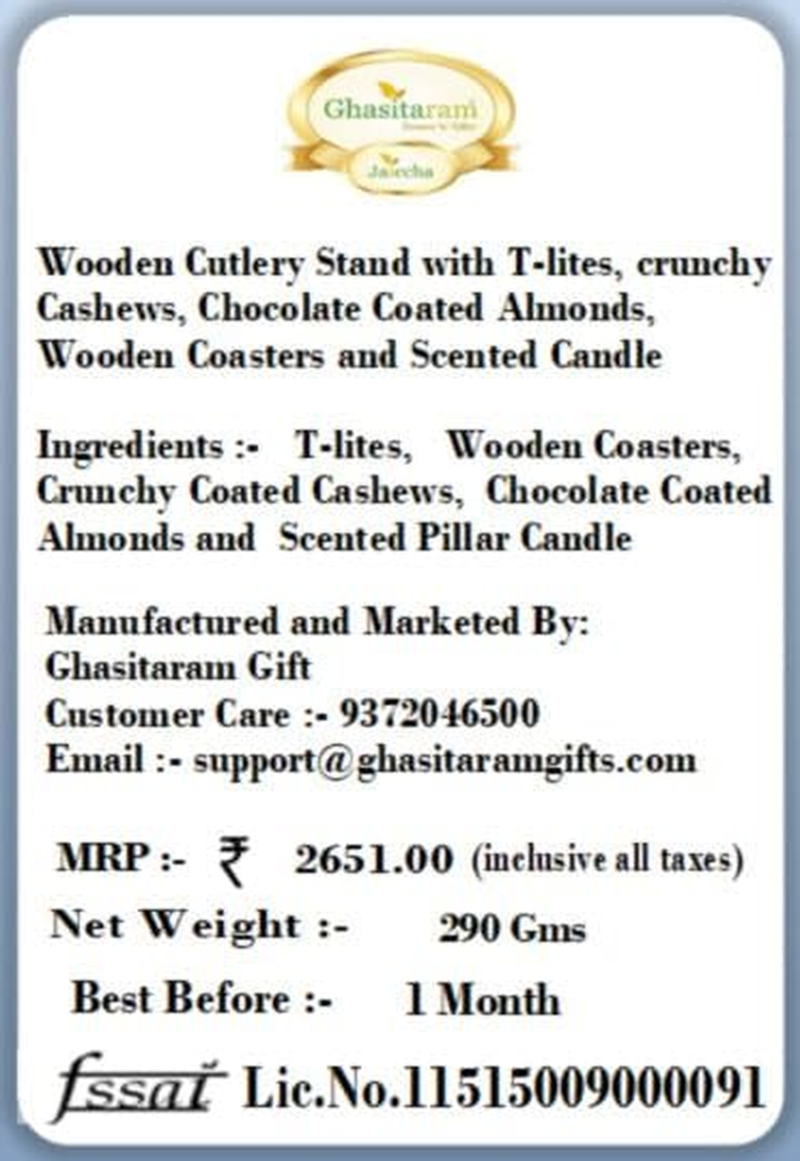 Ghasitaram Gifts Christmas Gifts Wooden Cutlery Stand with Tlites, Crunchy Cashews, Chocolate Coated Almonds,Wooden Coasters and Scented Candle image number 3