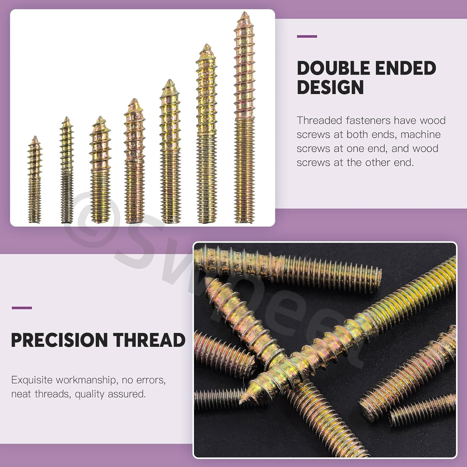 Swpeet 120Pcs 7 Sizes Color Zinc Hanger Bolts Assortment Kit, Double Headed Bolts, Self-Tapping Screw Hanger Bolts, Dowel Screw Bolts Threaded Rods Bolt Furniture Screws for Wood Furniture Joint image number 5