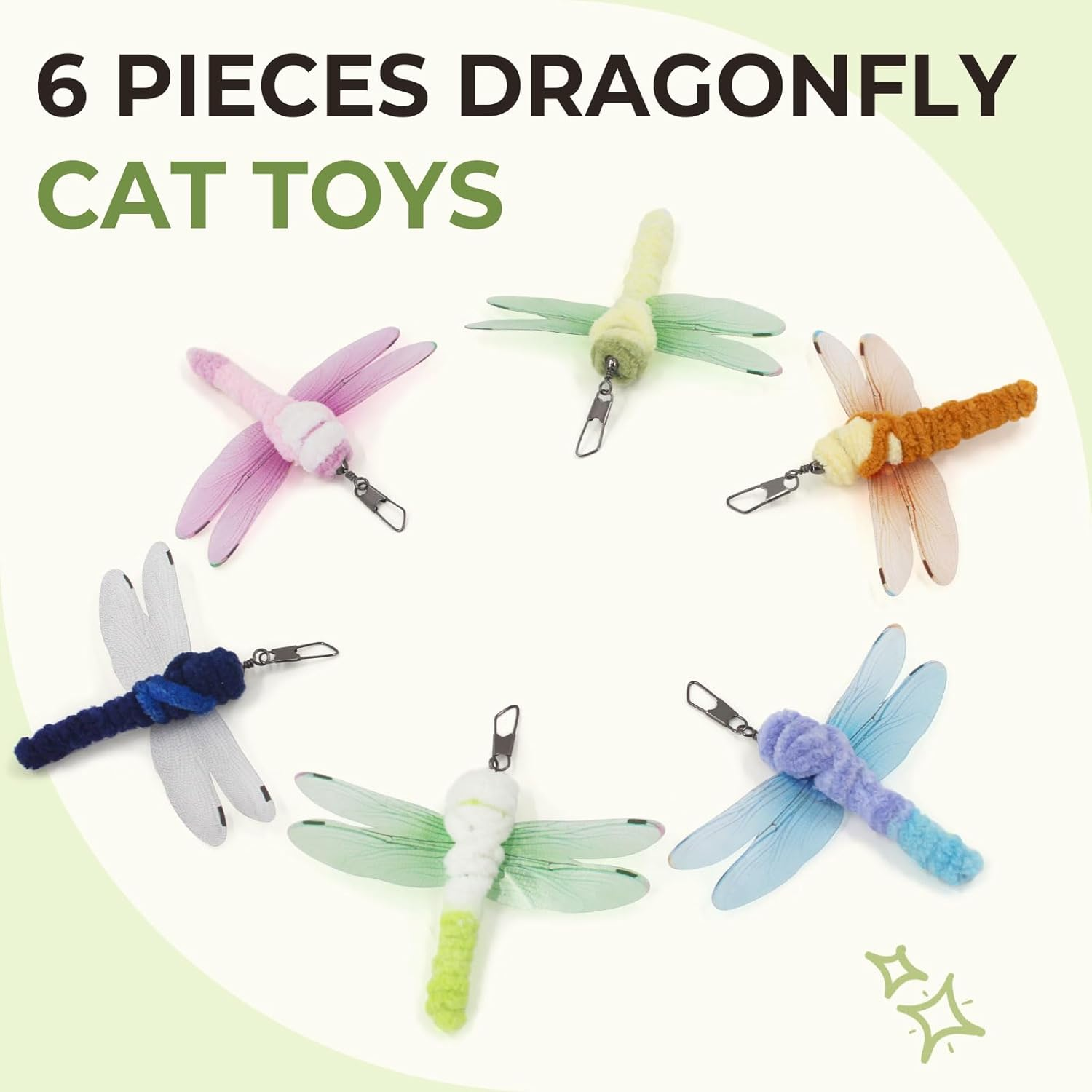SONGWAY Interactive Cat Feather Toy Set- 6 Pcs Dragonfly Retractable Teaser Wand with Feather Refills with Bell， Cat Feather Toys for Indoor Cats - Insects image number 2