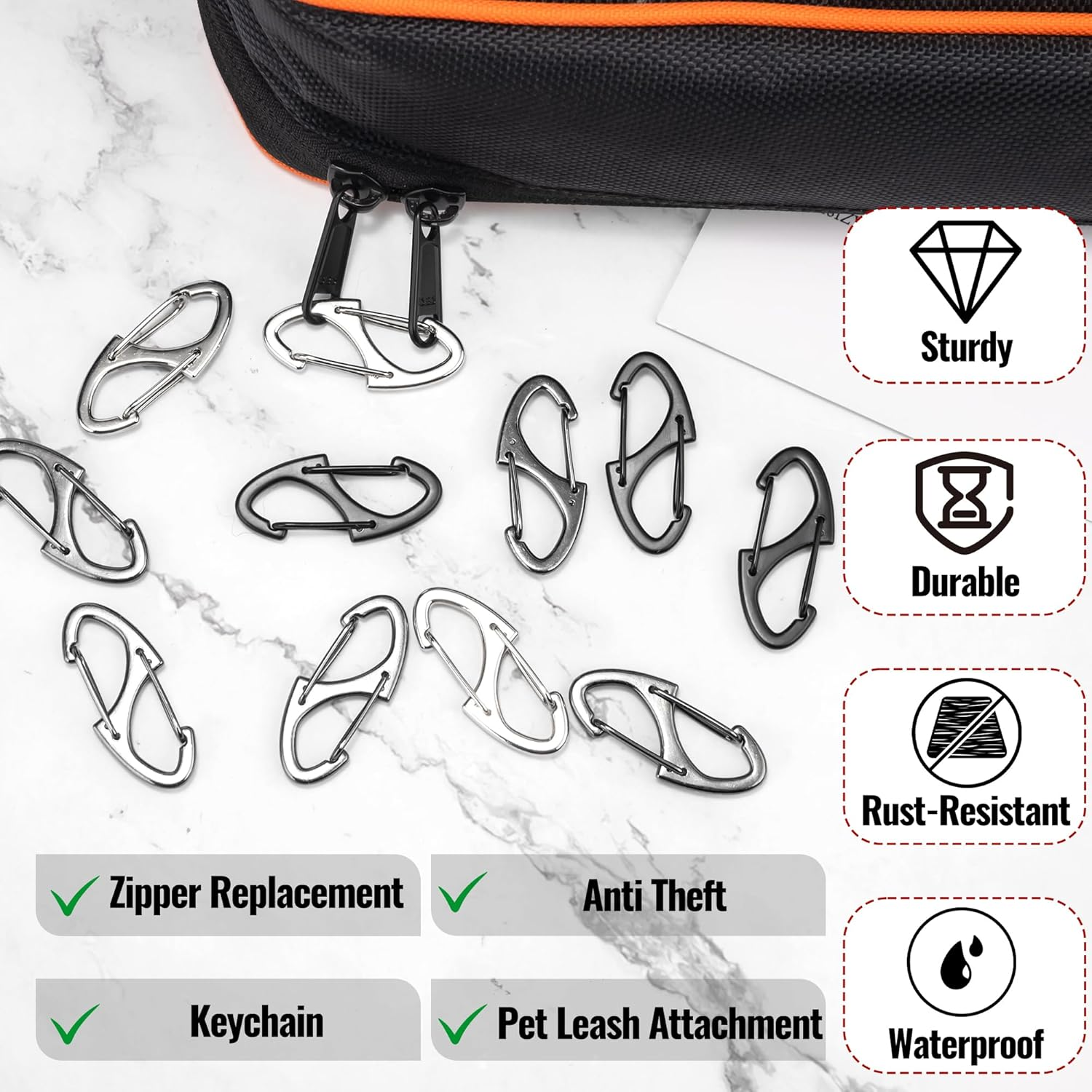 20Pcs Zipper Clips anti Theft, Zipper Pull Replacement for Backpacks, Dual S Shaped Small Carabiner Clip Theft Deterrent for Suitcase, Keep Luggage Closed, Silver and Gunmetal Black image number 3