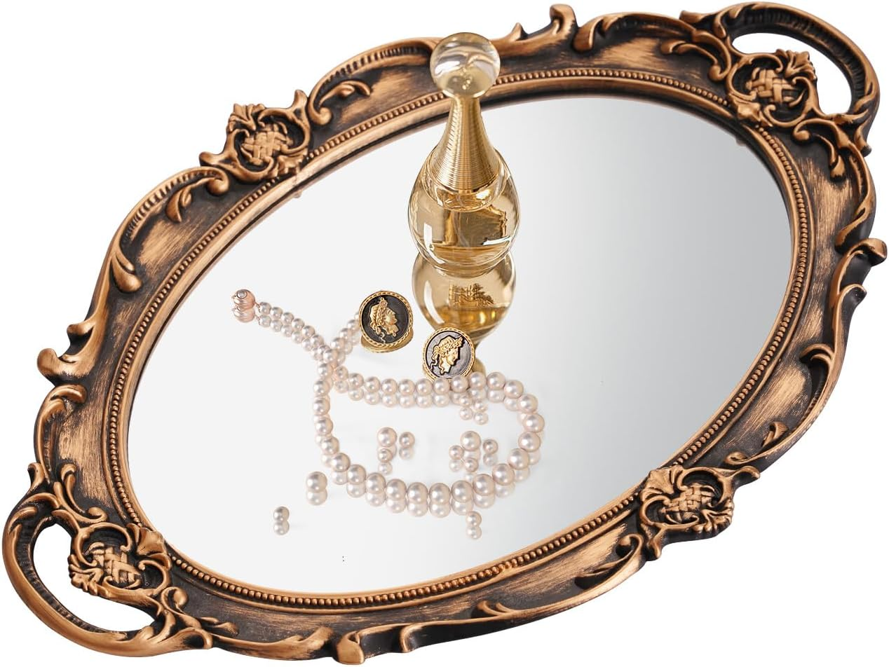XPXKJ Vintage Gold Mirror Tray Vanity Tray for Dresser Perfume Storage Decorative Mirrored Glass Tray Coquette Room Decor, Bedroom, Bathroom Oval Antique Serving Makeup Organizer